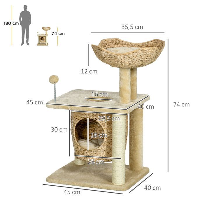Cat tree scratching post - PawHut - cattail climbing tree with 1 den, basket, pom-pom, play tower - plush - height 74 cm - beige