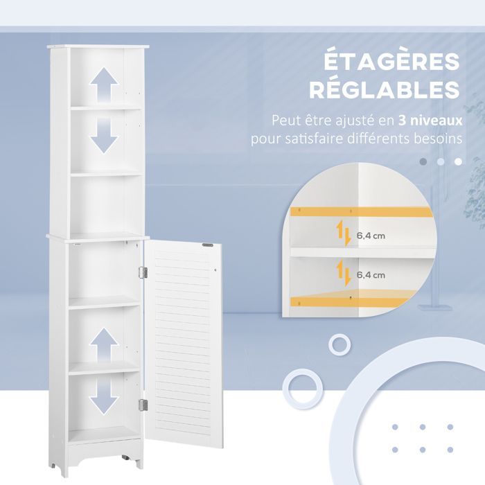 HOMCOM Bathroom Tall Cabinet - 3 Niches, Louvered Door, 3 Shelves - MDF - 30x30x144cm - White