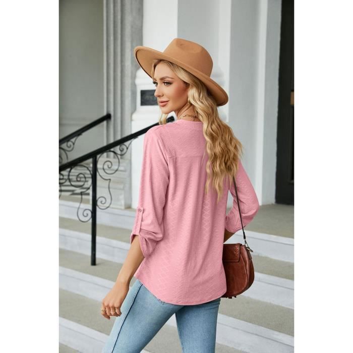 Pull Femme Col V Manches 3/4 Casual Pullover Lâche Tops Couleur Unie Pour Printemps Et Automne - Taille EU - Rose
