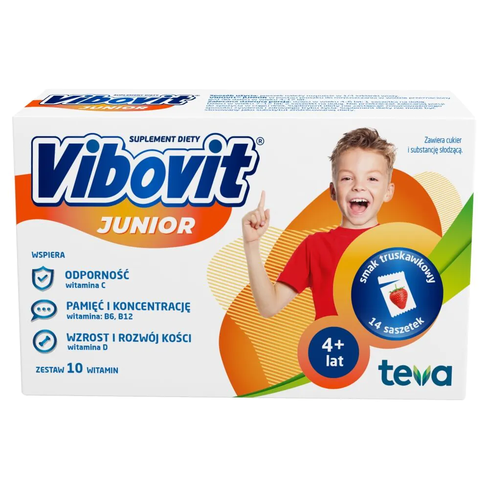 Vibovit Junior, Zestaw witamin dla dzieci od 4. roku życia, Smak truskawkowy, Saszetki