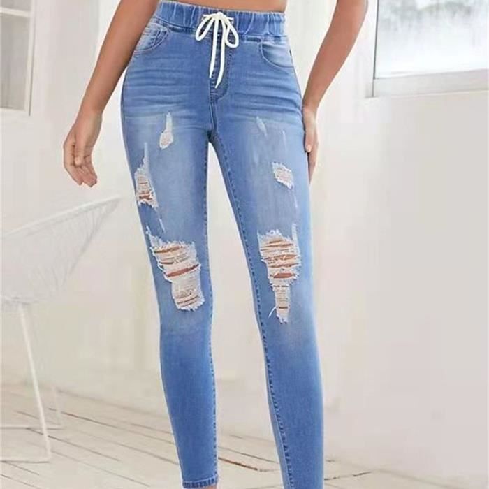 Jeans Femmes - FUNMOON - Taille Élastique Déchiré Lacets - Bleu - Slim - Taille haute