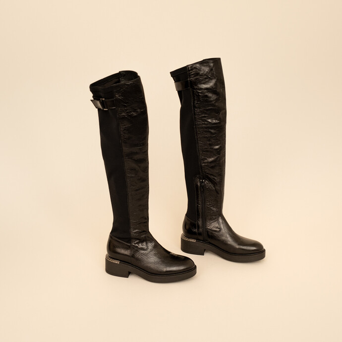 Bottes bi-matières et boucles  en cuir et stretch noir