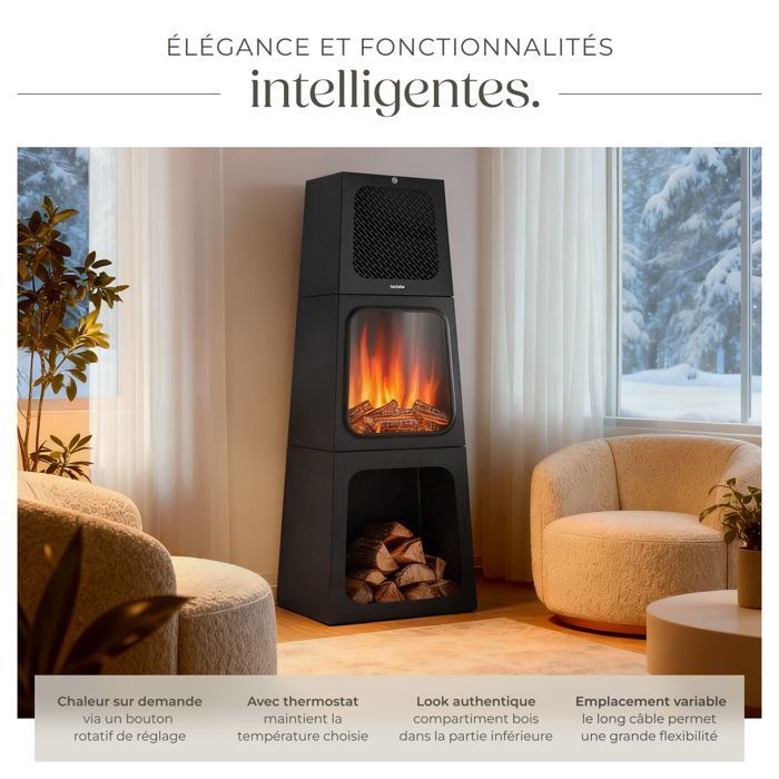 Cheminée électrique décorative avec effet de flammes 3D et thermostat