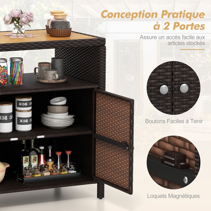 COSTWAY Coffre de Rangement en Rotin avec Plateau en Acacia, 2 Portes, Armoire de Jardin en Osier pour Piscine Terrasse Patio, Brun