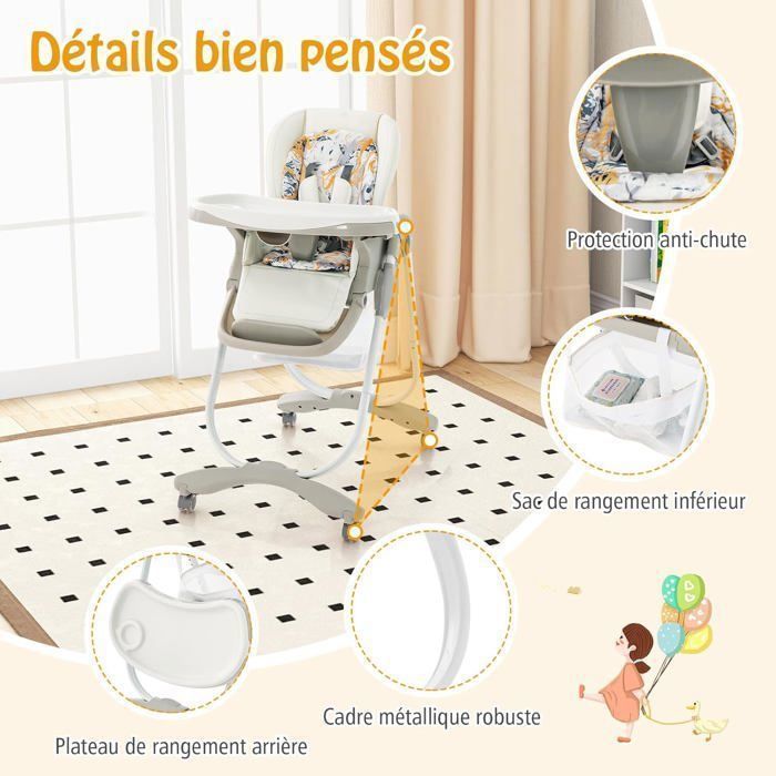 Chaise Haute Bébé Pliante COSTWAY Dossier Incliné-Hauteur Réglable-Plateau Repas Amovible sans BPA-6 Mois-4 Roues Pivotantes-Blanc