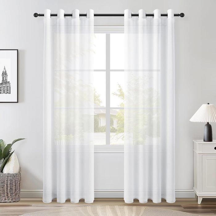 Topfinel Rideaux Voilage Blanc 140x235cm(Largeur x Hauteur)en Effet Lin - Rideau Oeillets Decor Salon Semi-Transparent Lot de 2