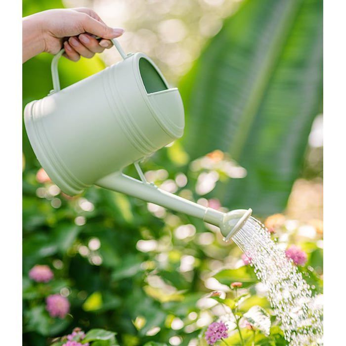 Regadera verde claro de 2 litros con cabezal de ducha extraíble, ideal para plantas de interior y balcones.