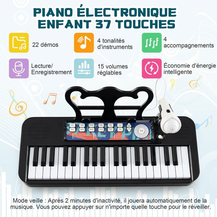 Piano infantil DREAMADE - Teclado de 37 teclas para niños - Micrófono - Taburete cómodo - Atril extraíble - Negro