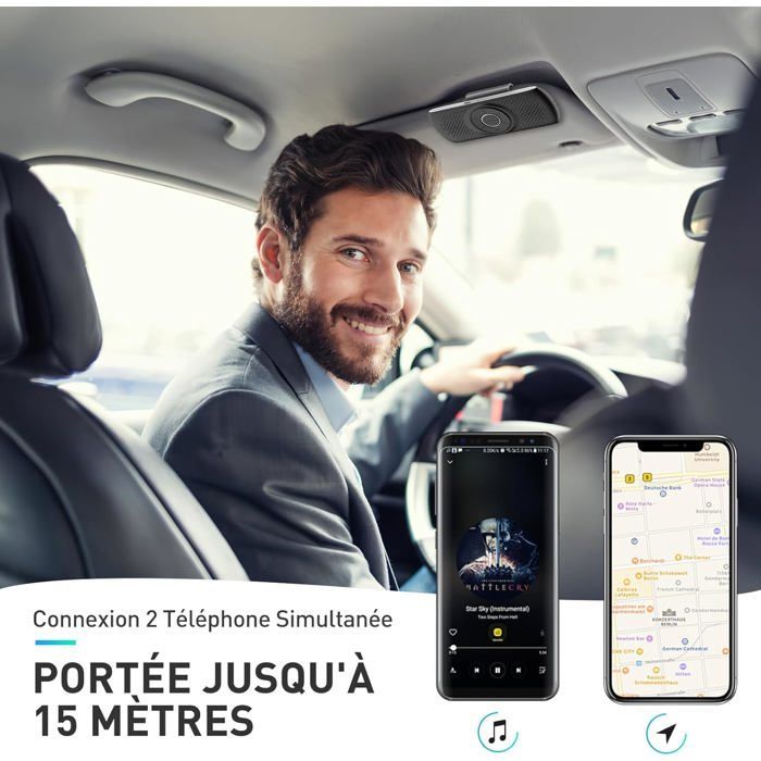 Kit Mains Libres pour Voiture Bluetooth 5.0 Haut-Parleur Micro Intégré avec Clip Support du GPS