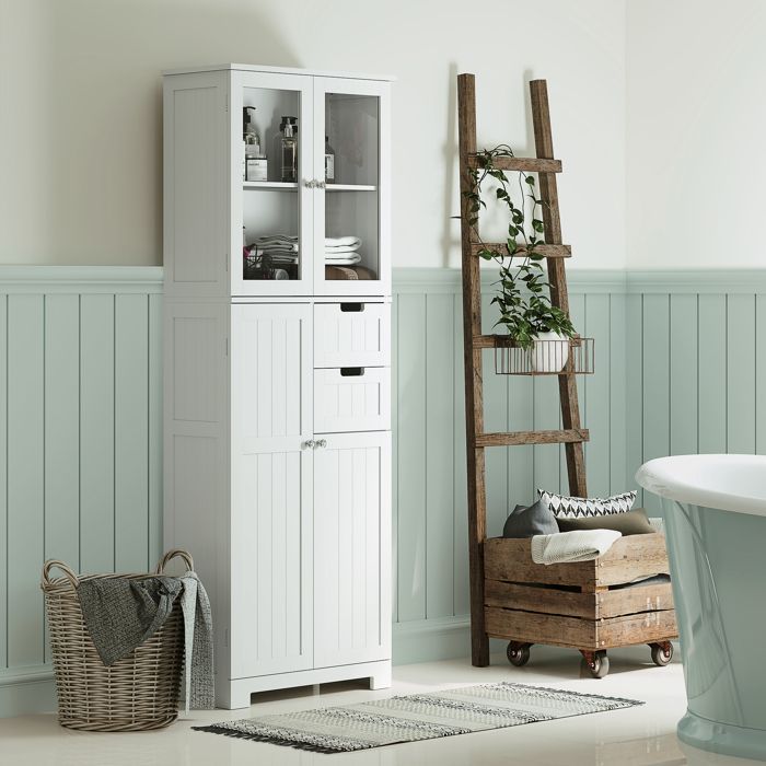 Meuble haut de rangement - HOMCOM - armoire avec portes vitrées et étagères réglables pour salle de bain, cuisine, salon - blanc