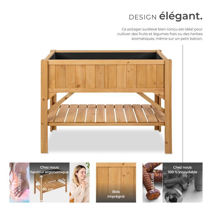 Huerto elevado TECTAKE MODENA con estante, madera de pino resistente, 119x57x90 cm - Marrón