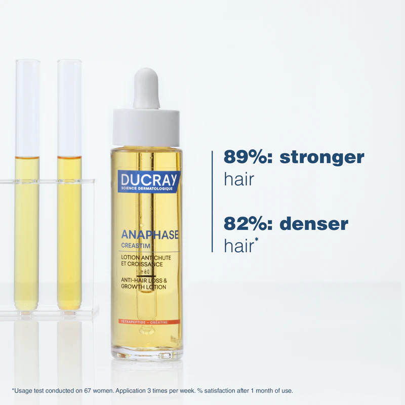 Ducray Creastim cuida de cabelos enfraquecidos, reduzindo a queda de cabelo.
