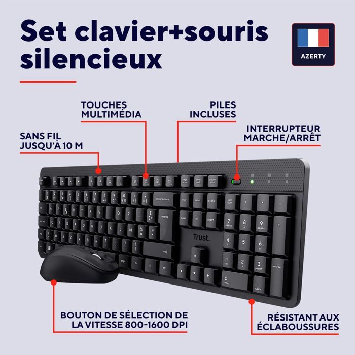 Paquete de teclado y ratón inalámbricos Trust Ymo II, teclado francés AZERTY, silencioso, teclas planas flotantes, resistente a salpicaduras.