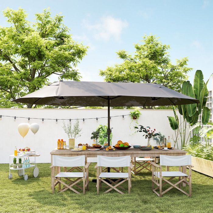 Ombrellone da giardino XXL - Outsunny - Grande formato con base a croce, meccanismo di apertura e chiusura a manovella - Acciaio e poliestere - Grigio