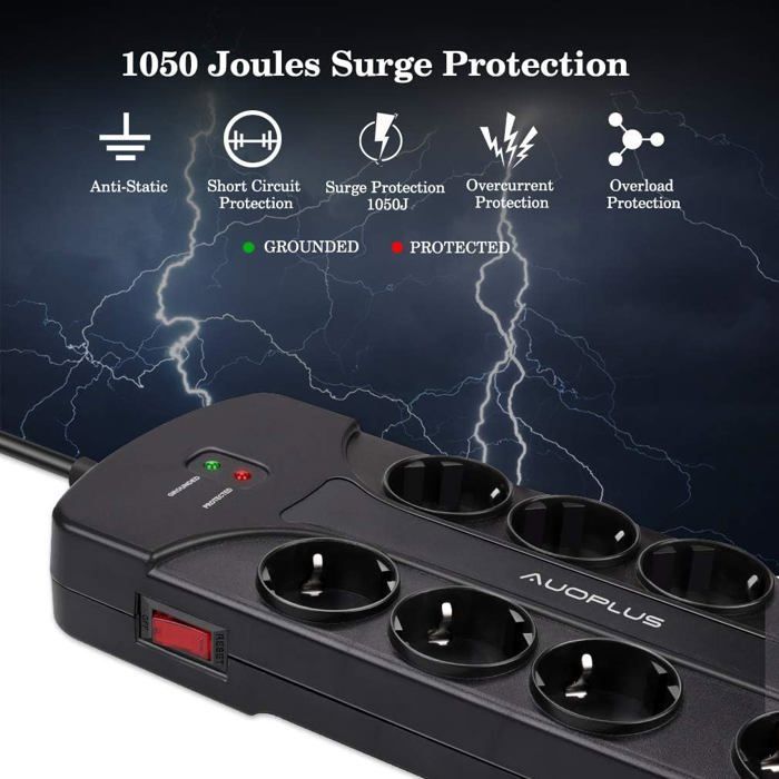 Regleta protectora contra sobretensiones con 8 tomas de corriente y 4 puertos USB, regleta con toma de tierra e interruptor, 3680 W/16 A
