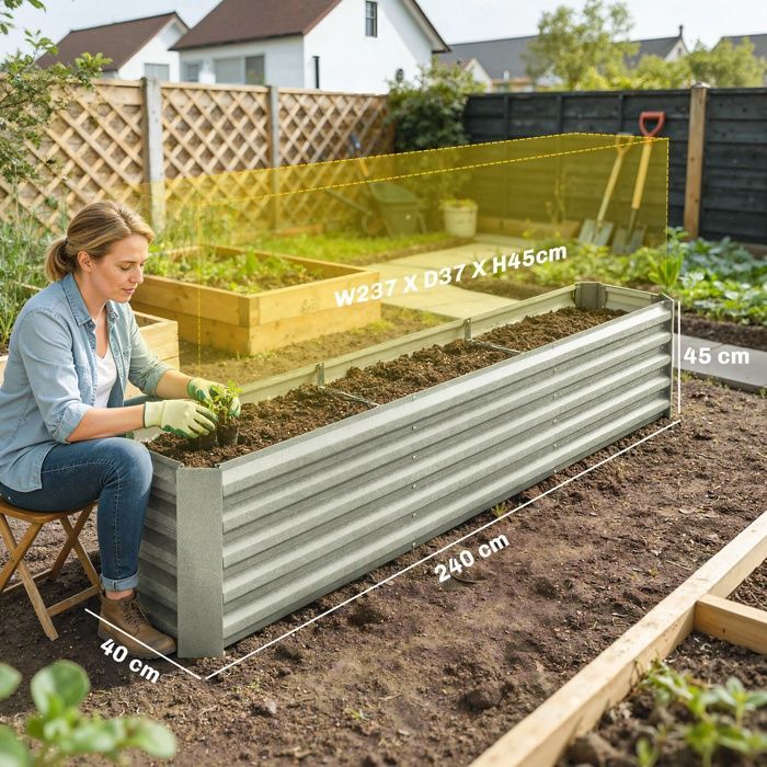 Carré potager - Outsunny - barres de soutien et plaques d'angle - fond ouvert - en acier galvanisé - 240 x 40 x 45 cm - gris argenté