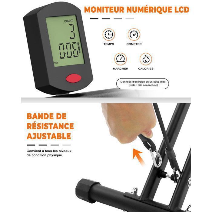 Máquina de ejercicios - Entrenador abdominal - Entrenador aeróbico de interior - Monitor LCD - Carga máxima 120 kg - Negro y naranja
