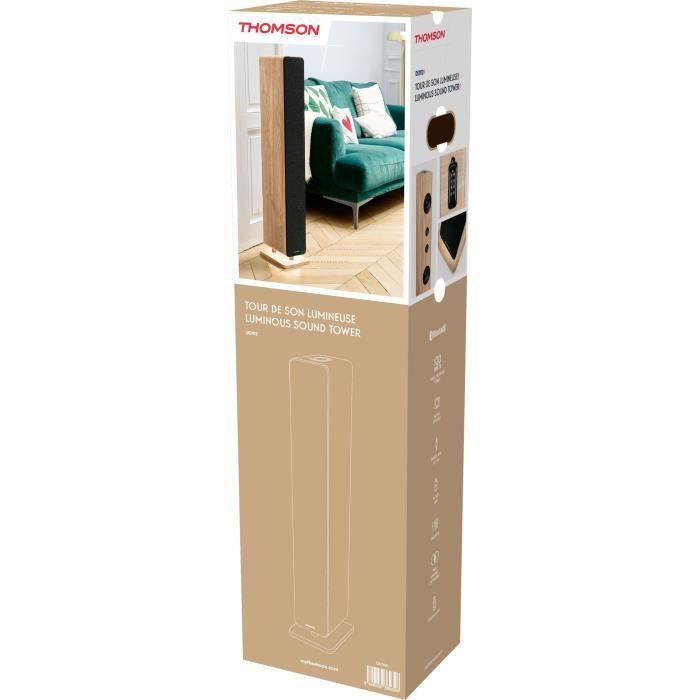 Altavoz Bluetooth tipo torre - THOMSON - Madera/Negro - 120W, Óptico, USB, Ecualizador, TWS, Control remoto, Fuente de alimentación de 230V