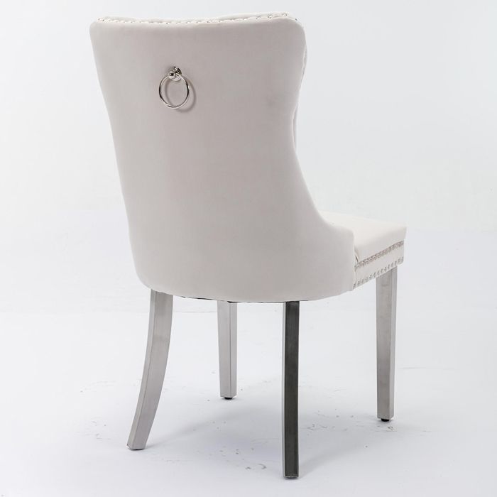 Lot de 2 Chaise de salle à manger, bois massif capitonné, velours, pieds chromés, garniture à clous, beige et chrome