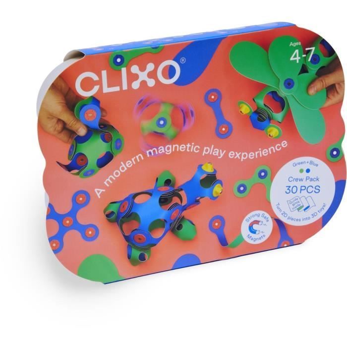 CLIXO Crew Pack - Blauw/Groen - GIPSY TOYS - Magnetische, flexibele, duurzame en fantasierijke bouwset - 30 onderdelen - Geschikt voor kinderen vanaf 4 jaar