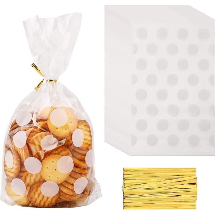 100 sacchetti di cellophane trasparente, ideali per caramelle, regali o biscotti, con chiusura a torsione.