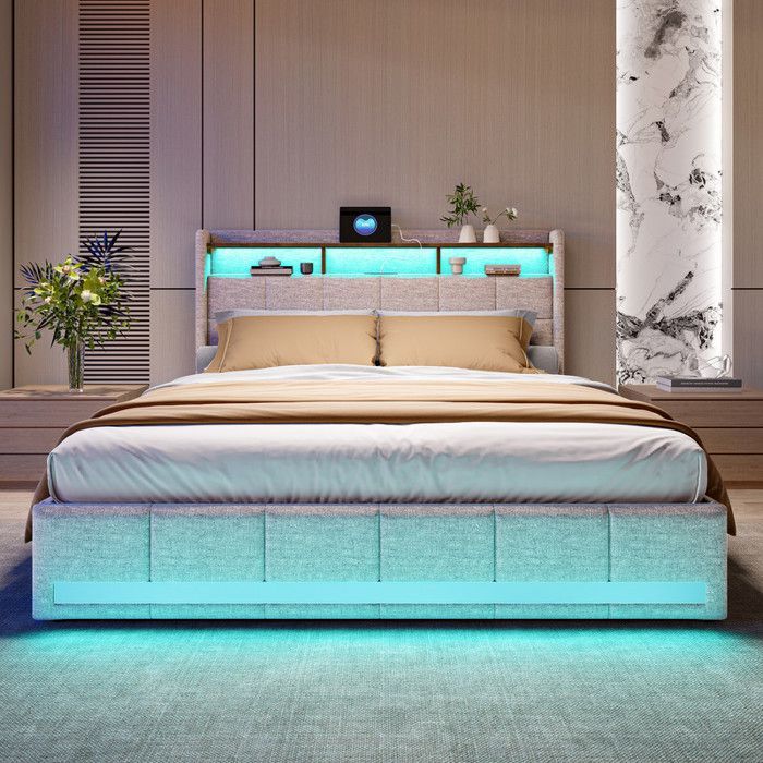 Lit 140 x 190 avec sommier,lit 2 personnes avec tiroirs,lit double rembourré avec LED et USB,à lattes en bois,lin beige
