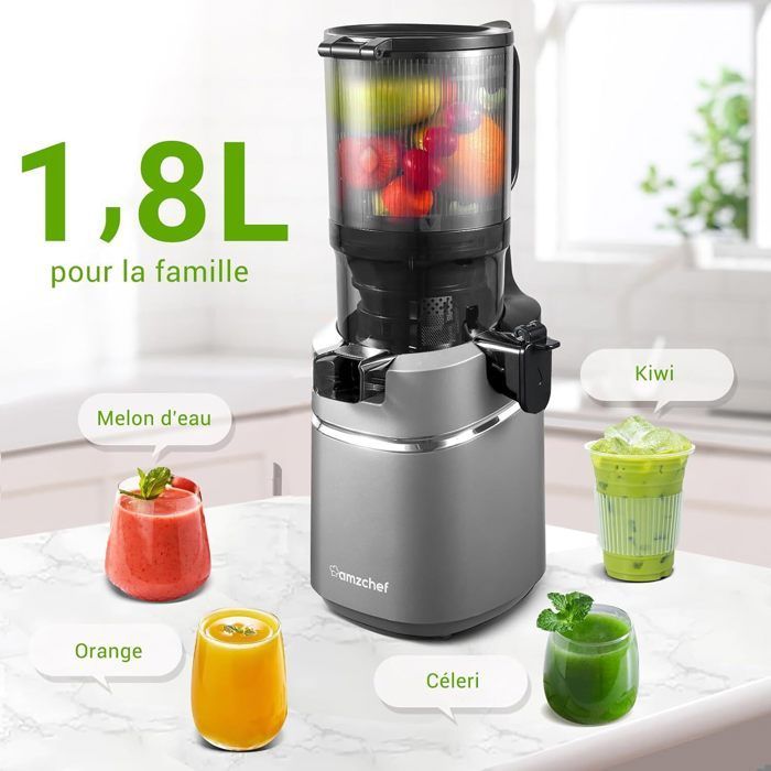 AMZCHEF Extracteur de Jus Puissant pour Fruits Entiers Goulotte Large 135mm Pression à Froid 250W Capacité 1.8L Gris