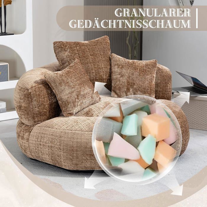 Lemonbest Pouf poire avec trois coussins pour, Convient pour la chambre et le salon, Lazy Canapé, 108×108×52 cm - chenille Marron