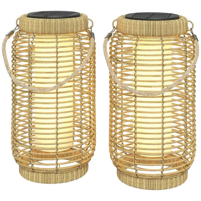 Set of 2 Solar Outdoor Floor Lamps - Garden Lamps - Outsunny - Automatic On/Off - Woven Resin - 18x18x37cm - Sand