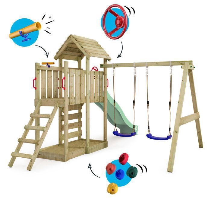 WICKEY MultiFlyer wooden play area with wooden roof, double swing and 220 cm slide, pastel green – 10-year guarantee*