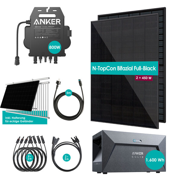 Bifacial balkongkraftverk 900W / 800W inkl. batteri og veggfeste for rekkverk, firkantet