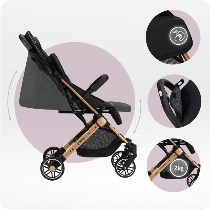 MoMi ESTELLE – Poussette Bébé Ultra Compacte – Légère 7,7 kg – Pliage à Une Main – Guidon Valise – Noire