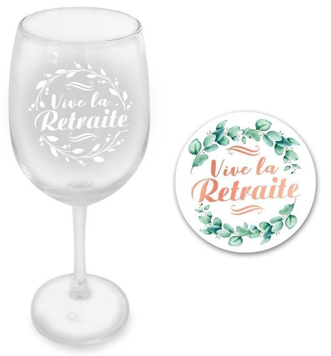 Set regalo con calice da vino e sottobicchiere rotondo, ideale per il pensionamento.