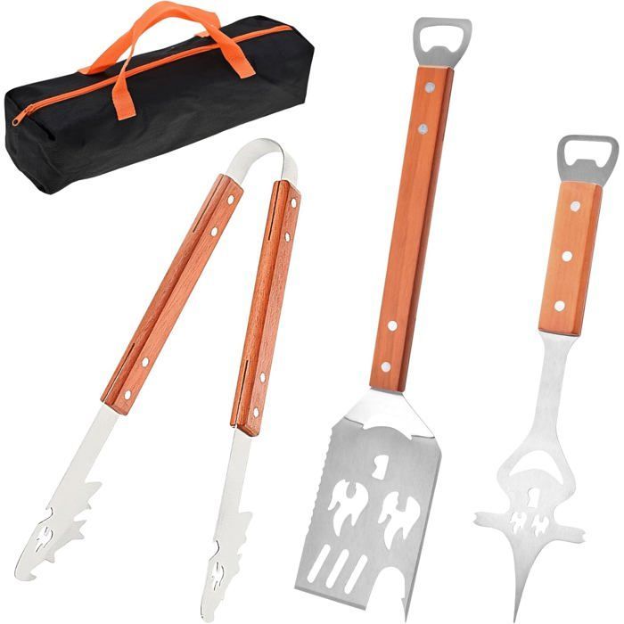 Juego de 4 utensilios de acero inoxidable para barbacoa, accesorios para barbacoa, kit para barbacoa con espátula y cepillo, accesorios para parrilla