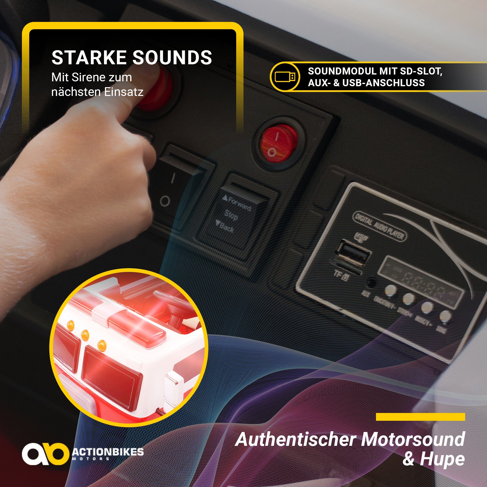 Actionbikes Motors Elektrisches Kinderauto Feuerwehrauto LL911 elektrisch – ferngesteuert – mit Spritze und Sirene, Tragkraft 40 kg, (2-teilig), Kinderfahrzeug Spielzeug Zweisitzer ab 3 Jahren