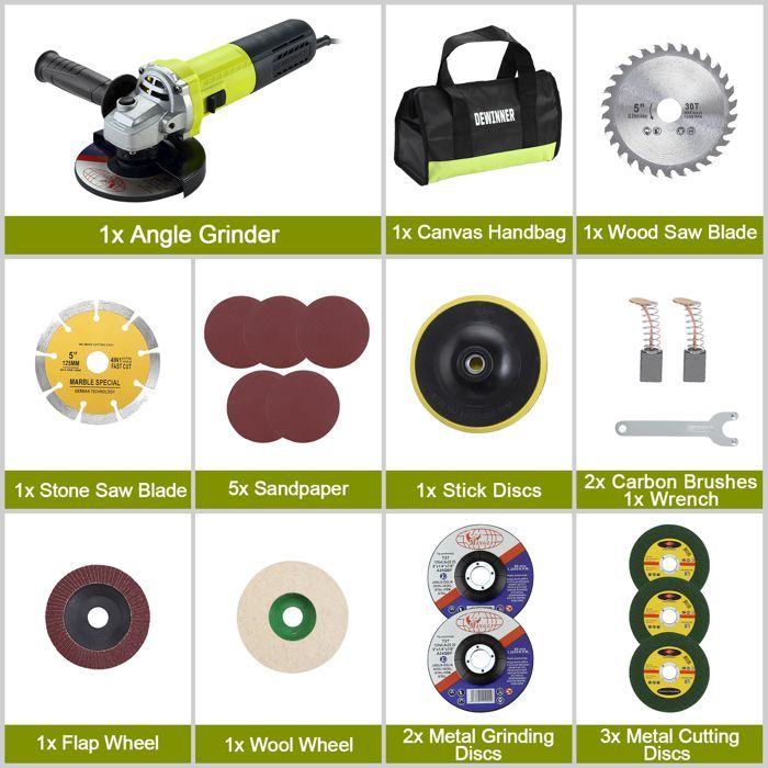Amoladora angular - DEWINNER - 125 mm 1000 W (2000–12 000 rpm) - Cabezal de aleación de aluminio - 20 accesorios