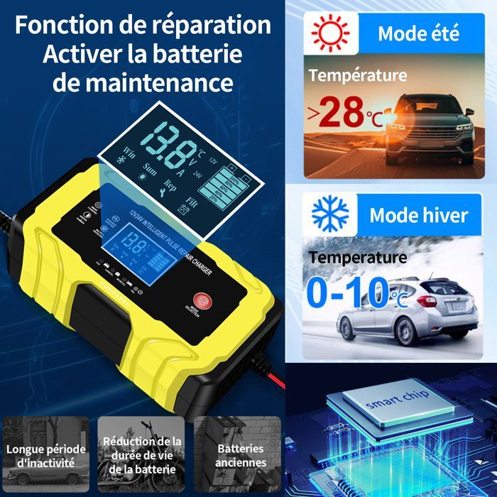 Caricabatterie intelligente da 12V 10A, caricabatterie per auto con schermo tattile LCD, protezione multipla per auto e moto.