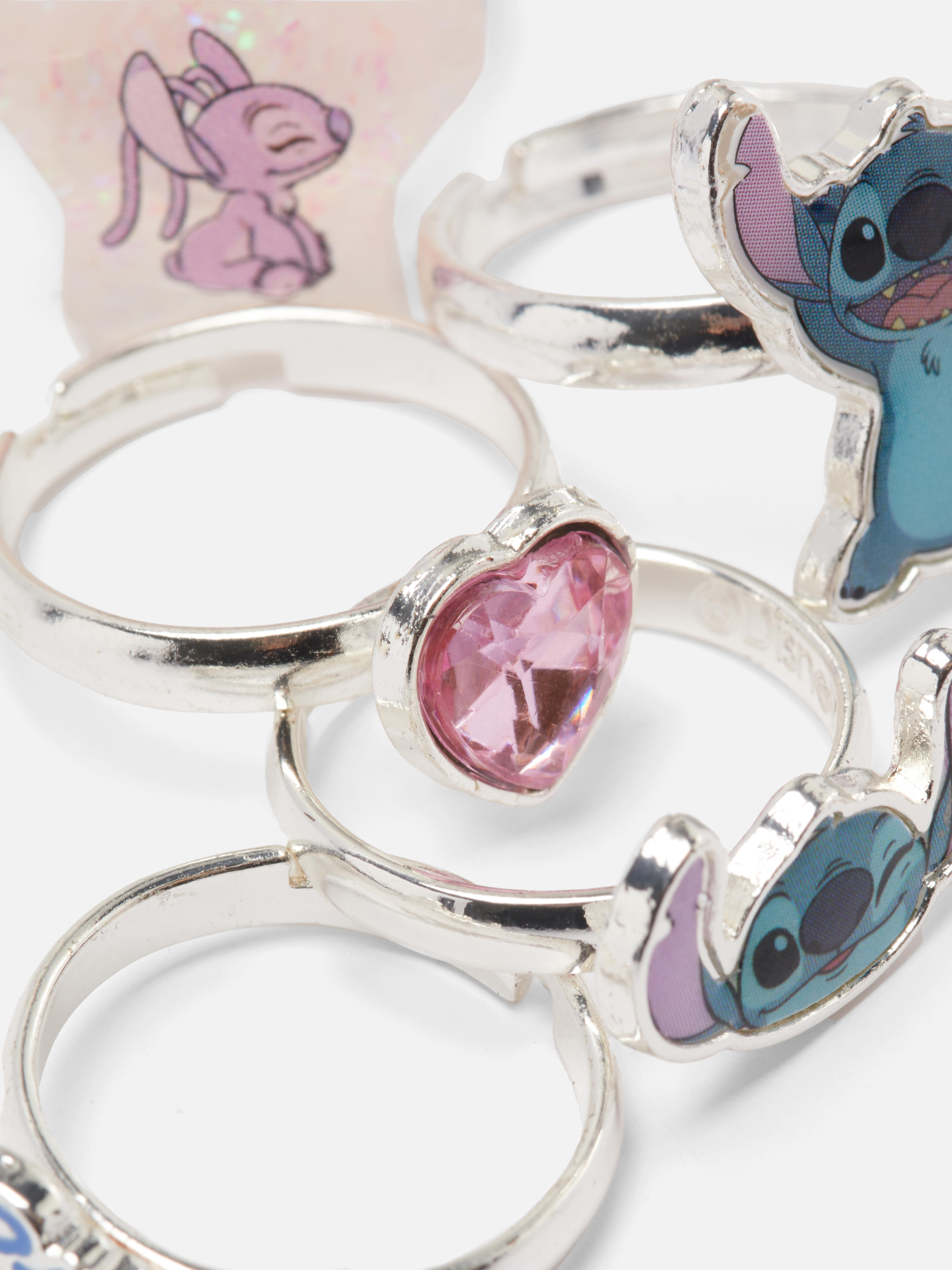 Inele cu pandantive Disney Stitch, set de 5 Cinci inele cu pandantive cu dulcii Disney Stitch și Angel