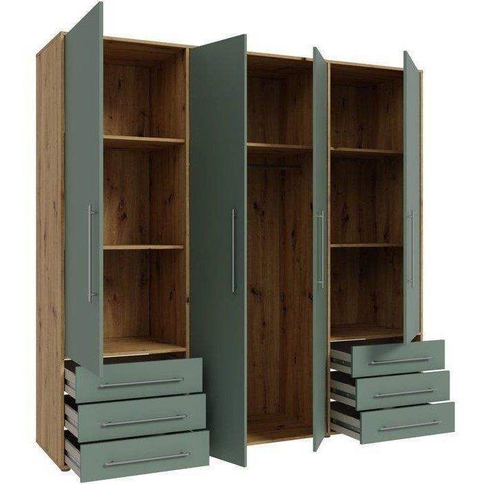 Armoire de chambre - MOKKARO - Décor Vert Sauge et chêne - 4 portes battantes - 6 tiroirs - L205,9 x P53 x H200 cm