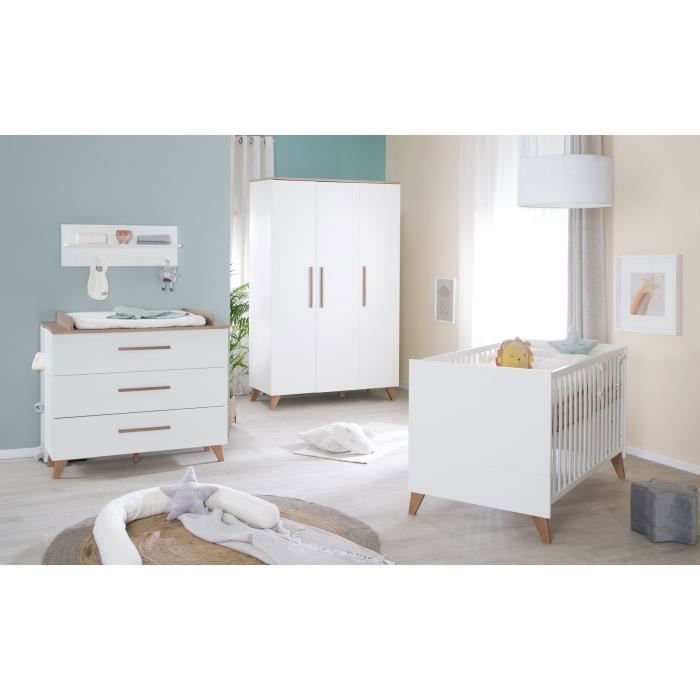 Complete baby bedroom set: Convertible cot 70 x 140 cm + changing table + 3-door wardrobe - OLE - ROBA - Dark Oak / White
