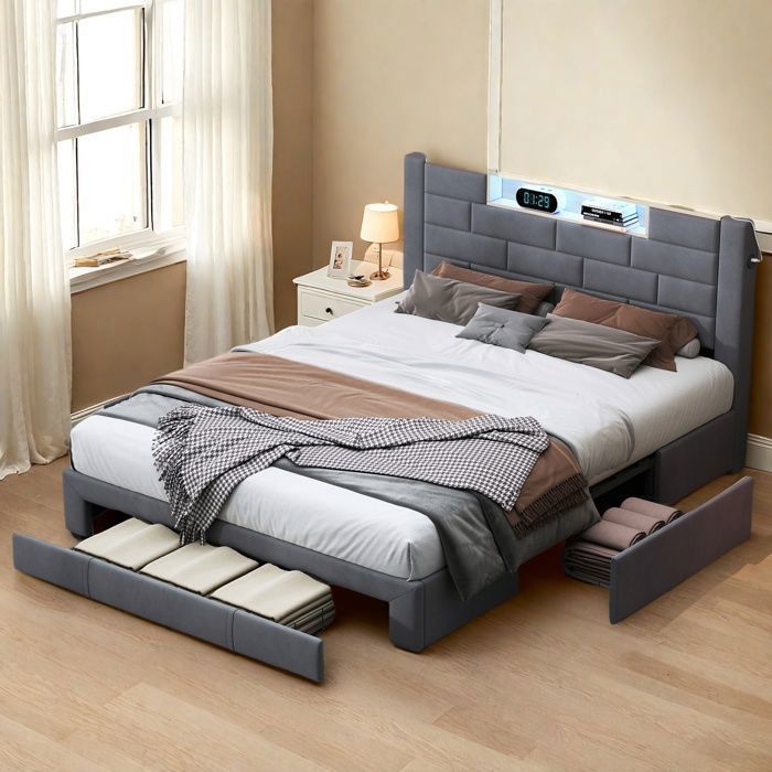 Cama de 140x190 cm - TANANT - Cama para adultos con iluminación LED - 3 cajones - Tapizado en terciopelo gris - Cama doble
