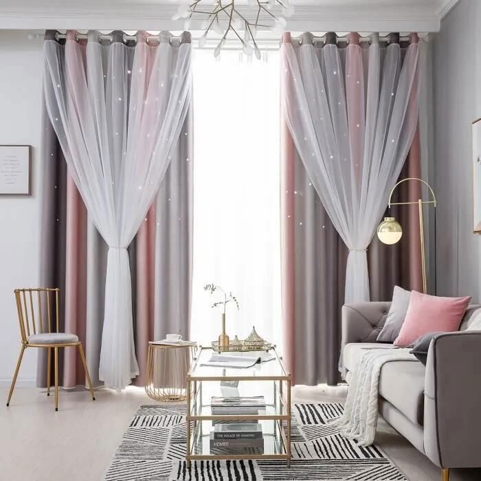 Set di 2 pezzi - Tende oscuranti a doppio strato per camera da letto o soggiorno, con stelle traforate in una semplice sfumatura, 100x250 cm - Grigio
