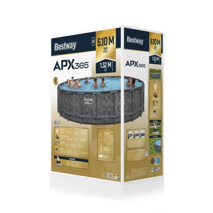 Kit Piscine hors sol tubulaire BESTWAY - APX 365™ - 610 x 132 cm - Ronde (Filtre à sable, 500g polysphère, échelle, bâche)