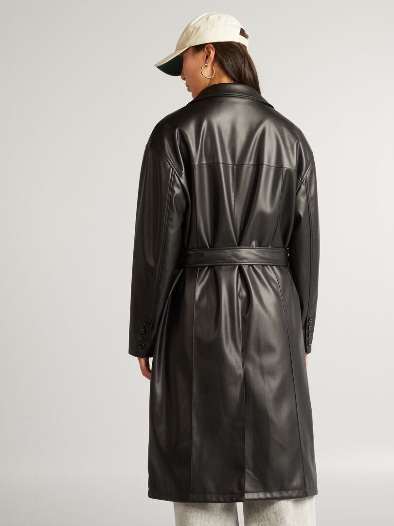 Trenchcoat van imitatieleer - zwart