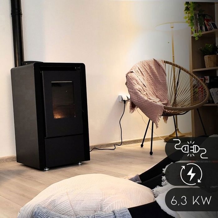Poêle à Granulés Indépendant THUNDER® LEYLA-BLACK 6,3 kW | Thermostat Intégré | Kit Complet | Design Poêle-Cheminée