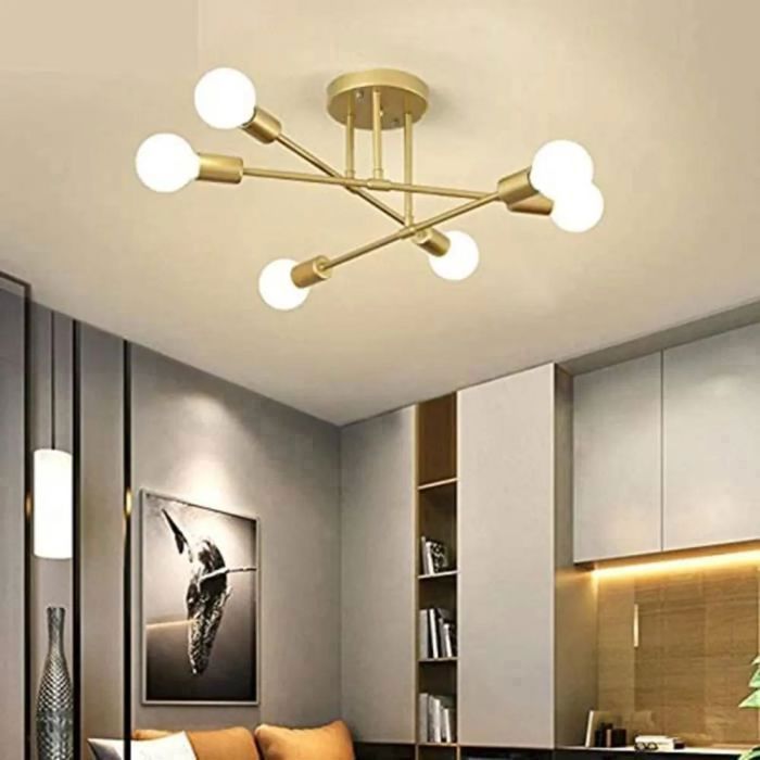 DELIPOP Industriële kroonluchter plafondlamp, 6 E27 lampen, metalen plafondverlichting, retro plafondlamp voor woonkamer, keuken, slaapkamer - Goud