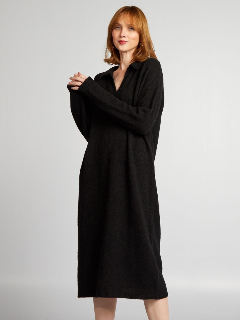 Suéter maxi de tricô com gola - preto