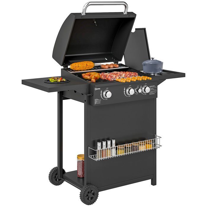 Gas barbecue - Outsunny - 3+1 burners - 9.5 kW power - with 2 cooking grates, side shelves, 2 wheels - steel - black