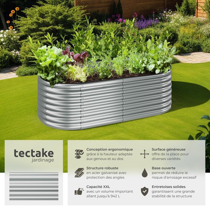 Planter - TECTAKE - FLORMMA 200x100x60cm raised garden bed in galvanized steel, 942L capacity, weather-resistant