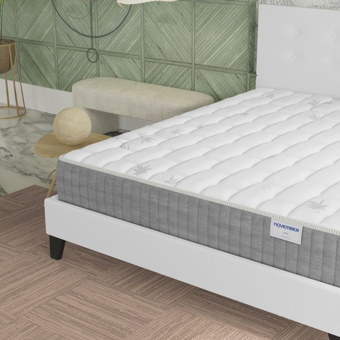 Colchón y cama (140x200cm) - Galicia 25cm Muelles ensacados y espuma viscoelástica + Base de láminas y cabecero tapizados en blanco